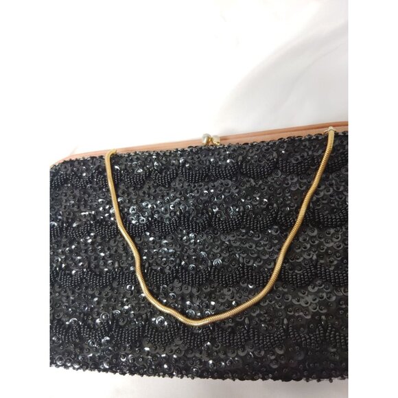 Vintage Black Sequin Clutch With Gold Chain & Mirror Made in British Hong Kong - Picture 5 of 9